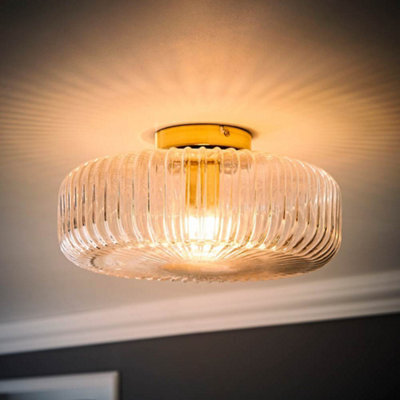 Valuelights Calpe Large Gold Flush Ceiling Light With Ribbed Clear Shade And Bulb - image 1
