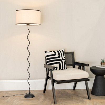 Valuelights Wiggle Black Metal Single Stem Floor Lamp With Linen Black Trim Drum Shade - image 1