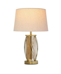 Lighting Supermarket Ashleigh Antique Brass Amber Glass Cylinder Lantern Table Lamp With Natural Linen Shade - thumbnail 2