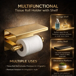 Billtix Toilet Roll Holder Wall Mounted With Shelf Stainless Steel Toilet Paper Holder Bathroom Tissue Roll Storage In Gold - thumbnail 3
