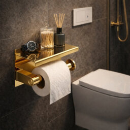 Billtix Toilet Roll Holder Wall Mounted With Shelf Stainless Steel Toilet Paper Holder Bathroom Tissue Roll Storage In Gold - thumbnail 6