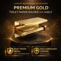 Billtix Toilet Roll Holder Wall Mounted With Shelf Stainless Steel Toilet Paper Holder Bathroom Tissue Roll Storage In Gold - thumbnail 2