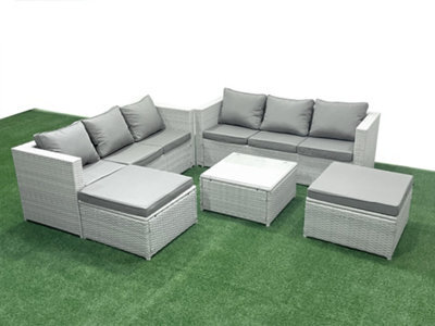 Fimous Rattan Garden Outdoor Furniture Set 8 Seater Rattan Garden Sofa Set 2 Big Stools Light Grey - image 1