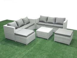 Fimous Rattan Garden Outdoor Furniture Set 8 Seater Rattan Garden Sofa Set 2 Big Stools Light Grey - thumbnail 2
