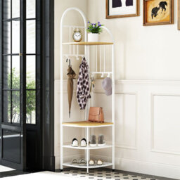 Costway 180Cm Tall Corner Hall Tree 4-Tier Coat Rack Entryway Shoes Shelf Organizer Natural - thumbnail 1