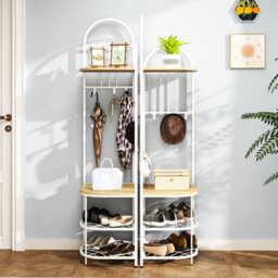 Costway 180Cm Tall Corner Hall Tree 4-Tier Coat Rack Entryway Shoes Shelf Organizer Natural - thumbnail 5
