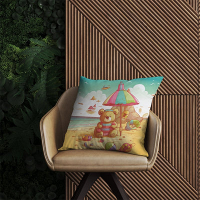 Warren Reed Designer Lucky Teddy Bear On A Beach Holiday Outdoor Cushion 60Cm X 60Cm