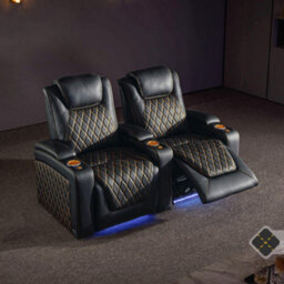 Valencia Oslo Ultimate Luxury Edition Home Theater Seating Row Of 3 Loveseat Right Onyx Gold Stitching - thumbnail 4