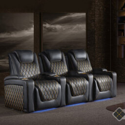 Valencia Oslo Ultimate Luxury Edition Home Theater Seating Row Of 3 Loveseat Right Onyx Gold Stitching - thumbnail 3