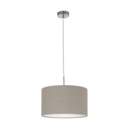 Elegant Satin Nickel Pendant Ceiling Light With Taupe Fabric Shade
