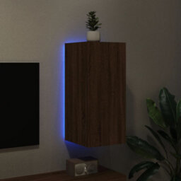 Berkfield Tv Wall Cabinet With Led Lights Brown Oak 30.5X35X70 Cm - thumbnail 4