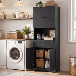 Gainoom Tall Black Bathroom Cabinet Freestanding Storage Cabinet Modern Wooden Storage Organizer - thumbnail 7