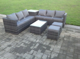 Fimous 8 Seater Grey Rattan Corner Sofa With 2 Table Garden Furniture Set Conservatory Outdoor Garden Furniture With Stools - thumbnail 6