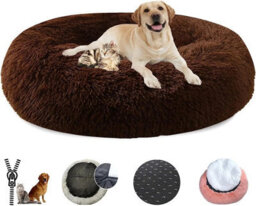 Coffee Plush Donut Dog Bed Round Calming Cat Pet Bed 70Cm - thumbnail 1