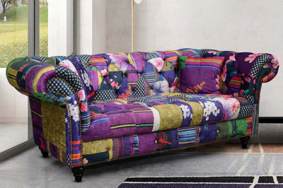 Multicoloured Fabric Patchwork 2 Seater Scroll Arm Chesterfield Sofa - image 1