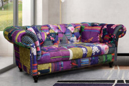 Multicoloured Fabric Patchwork 2 Seater Scroll Arm Chesterfield Sofa - thumbnail 2