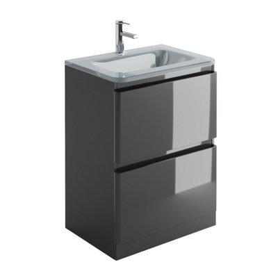 Plum&clay Marvel Gloss Dark Grey Floor Standing Bathroom Vanity Unit With White Glass Basin (W)600mm - image 1
