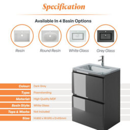 Plum&clay Marvel Gloss Dark Grey Floor Standing Bathroom Vanity Unit With White Glass Basin (W)600mm - thumbnail 5