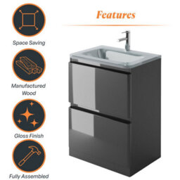 Plum&clay Marvel Gloss Dark Grey Floor Standing Bathroom Vanity Unit With White Glass Basin (W)600mm - thumbnail 6