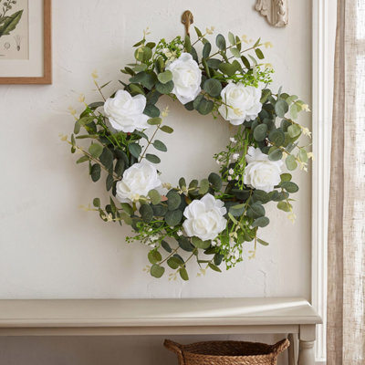 Living And Home 50Cm Artificial White Rose Eucalyptus Wreath Rattan Base Faux Floral Wreath For Front Door - image 1