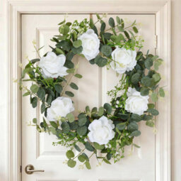 Living And Home 50Cm Artificial White Rose Eucalyptus Wreath Rattan Base Faux Floral Wreath For Front Door - thumbnail 2