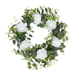 Living And Home 50Cm Artificial White Rose Eucalyptus Wreath Rattan Base Faux Floral Wreath For Front Door - thumbnail 3