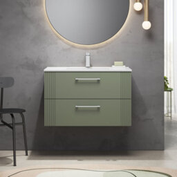 Balterley Belvide Partial Fluted 2 Drawer Wall Hung Vanity Unit With 1 Tap Hole Minimalist Basin - 800mm - Satin Green - thumbnail 2