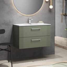Balterley Belvide Partial Fluted 2 Drawer Wall Hung Vanity Unit With 1 Tap Hole Minimalist Basin - 800mm - Satin Green - thumbnail 6