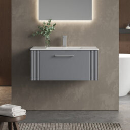 Balterley Belvide Partial Fluted 1 Drawer Wall Hung Vanity Unit With 1 Tap Hole Minimalist Basin - 800mm - Satin Grey - thumbnail 2