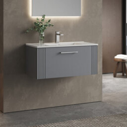 Balterley Belvide Partial Fluted 1 Drawer Wall Hung Vanity Unit With 1 Tap Hole Minimalist Basin - 800mm - Satin Grey - thumbnail 4