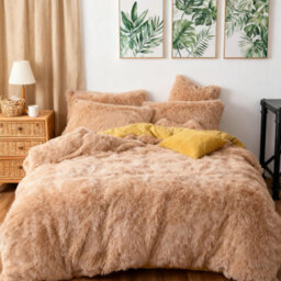 Living And Home Camel Single Side Faux Mink Fleece Bedding Duvet Cover With 2 Pillowcases Bed Linen Set Soft Warm And Cozy Double Size