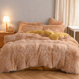 Living And Home Camel Single Side Faux Mink Fleece Bedding Duvet Cover With 2 Pillowcases Bed Linen Set Soft Warm And Cozy Double Size - thumbnail 3
