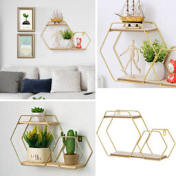 Living And Home 2Pcs Golden Hexagonal  Metal Wall Shelves Display Unit - thumbnail 3