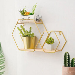 Living And Home 2Pcs Golden Hexagonal  Metal Wall Shelves Display Unit