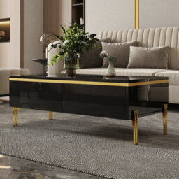Matteo Modern High-Gloss Coffee Table With Gold Accents And Storage Drawers - Black - thumbnail 8