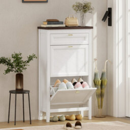 Homcom Shoe Cabinet With 2 Flip Drawers, Narrow Shoe Storage Cabinet, White - thumbnail 1