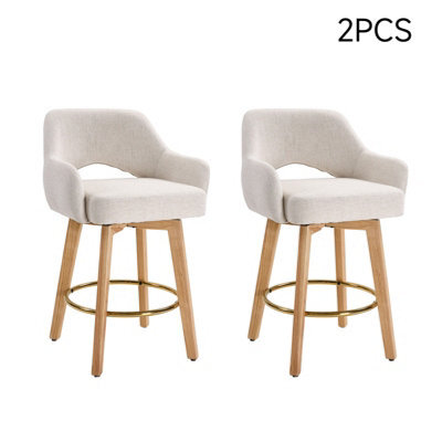Living And Home Set Of 2 Beige Swivel Chenille Upholstered Bar Stools With Wooden Legs - image 1