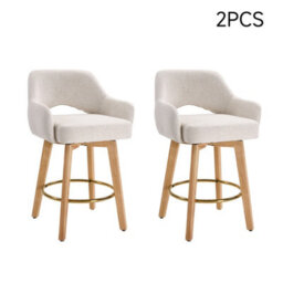Living And Home Set Of 2 Beige Swivel Chenille Upholstered Bar Stools With Wooden Legs