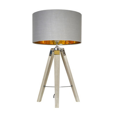 Valuelights Clipper Modern Light Wood And Chrome Tripod Table Lamp With Warm Grey Gold Drum Shade - image 1