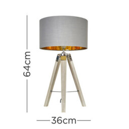 Valuelights Clipper Modern Light Wood And Chrome Tripod Table Lamp With Warm Grey Gold Drum Shade - thumbnail 5