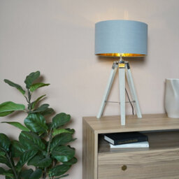 Valuelights Clipper Modern Light Wood And Chrome Tripod Table Lamp With Warm Grey Gold Drum Shade - thumbnail 2