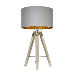 Valuelights Clipper Modern Light Wood And Chrome Tripod Table Lamp With Warm Grey Gold Drum Shade