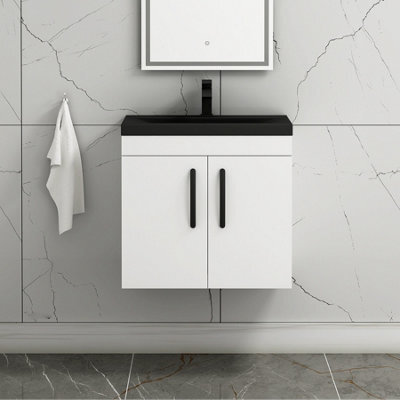Royal Bathrooms Turin 600mm Wall Hung Vanity Unit 2 Door Gloss White With Black Basin & Handles - image 1