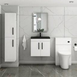 Royal Bathrooms Turin 600mm Wall Hung Vanity Unit 2 Door Gloss White With Black Basin & Handles - thumbnail 5