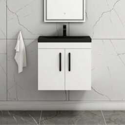 Royal Bathrooms Turin 600mm Wall Hung Vanity Unit 2 Door Gloss White With Black Basin & Handles - thumbnail 1