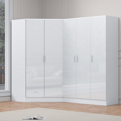 Reflect 2Pc Wardrobe Bundle - 2 Door Corner + 3 Door Plain - White Gloss & Matt White - H: 180Cm X W: 179Cm X D: 103Cm - image 1
