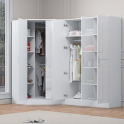 Reflect 2Pc Wardrobe Bundle - 2 Door Corner + 3 Door Plain - White Gloss & Matt White - H: 180Cm X W: 179Cm X D: 103Cm - thumbnail 2