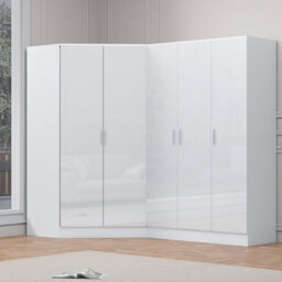 Reflect 2Pc Wardrobe Bundle - 2 Door Corner + 3 Door Plain - White Gloss & Matt White - H: 180Cm X W: 179Cm X D: 103Cm - thumbnail 1