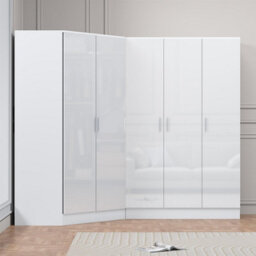 Reflect 2Pc Wardrobe Bundle - 2 Door Corner + 3 Door Plain - White Gloss & Matt White - H: 180Cm X W: 179Cm X D: 103Cm - thumbnail 3