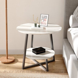 60Cm Round Side End Table Living Room Coffee Table 2 Tier Marble Effect Storage Shelf - thumbnail 1